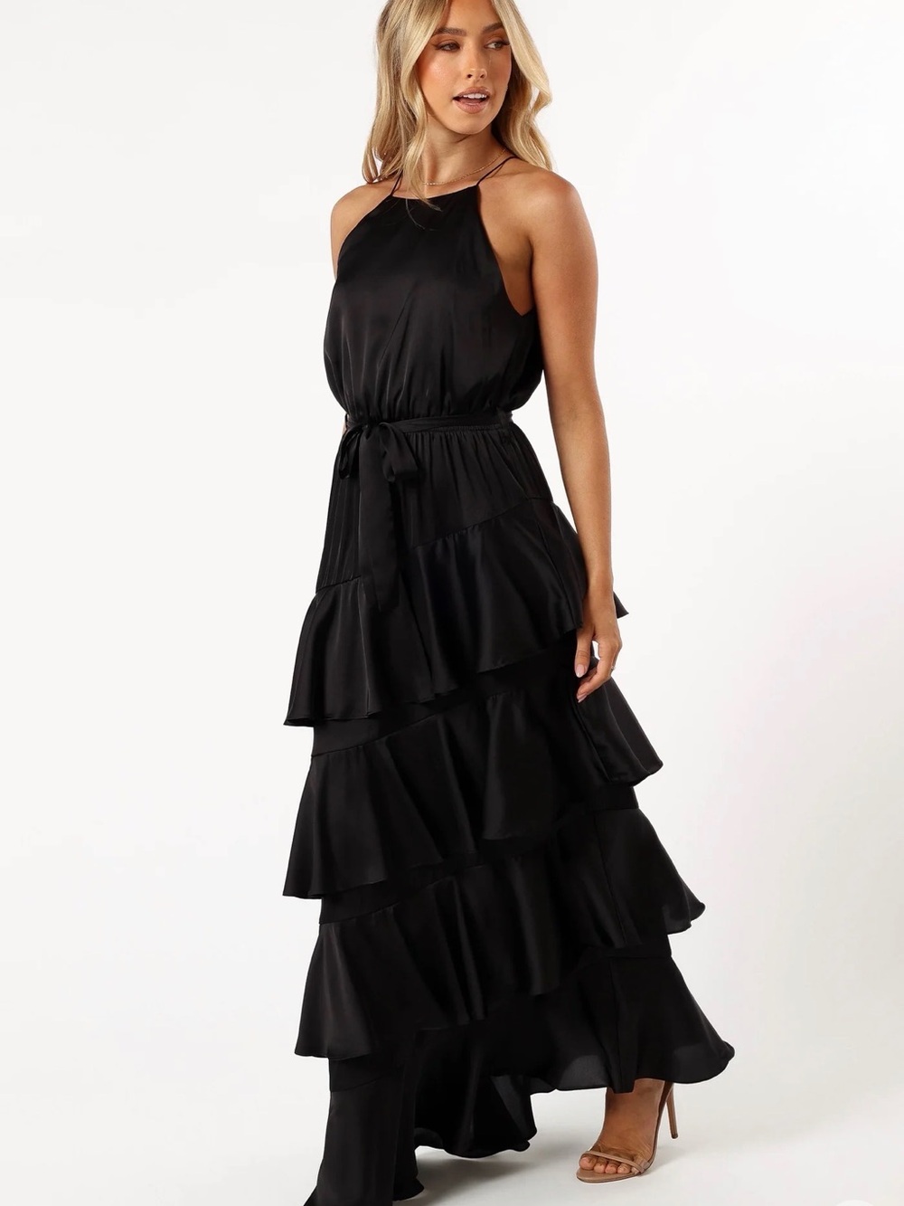 Petal & Pup Black Halter Tiered Ruffle Maxi Dress